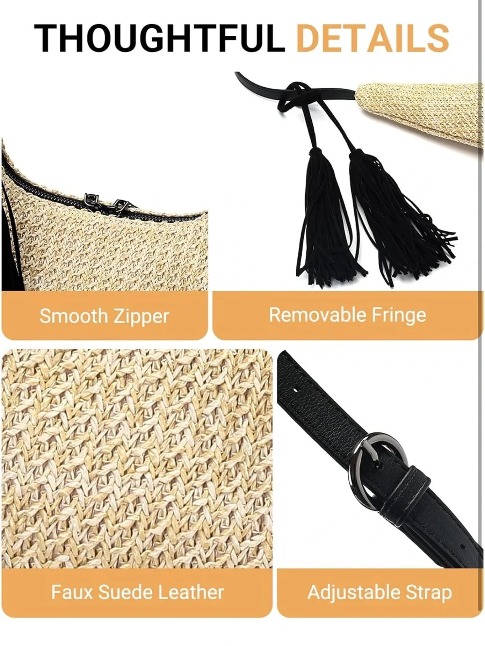 Straw Hobo Shoulder Bag with Tassel, Summer Beach Crossbody Purse